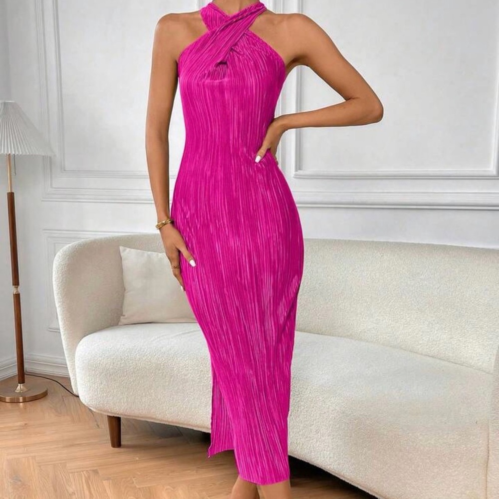 Pleated Criss Cross Halter Neck Hot Pink Dress with Slit